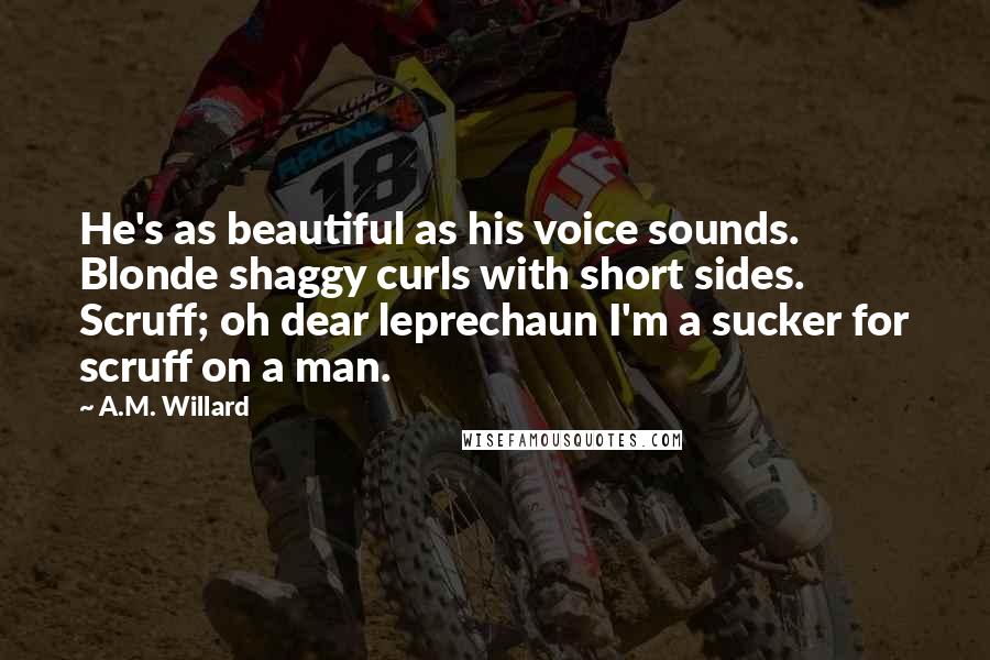 A.M. Willard Quotes: He's as beautiful as his voice sounds. Blonde shaggy curls with short sides. Scruff; oh dear leprechaun I'm a sucker for scruff on a man.