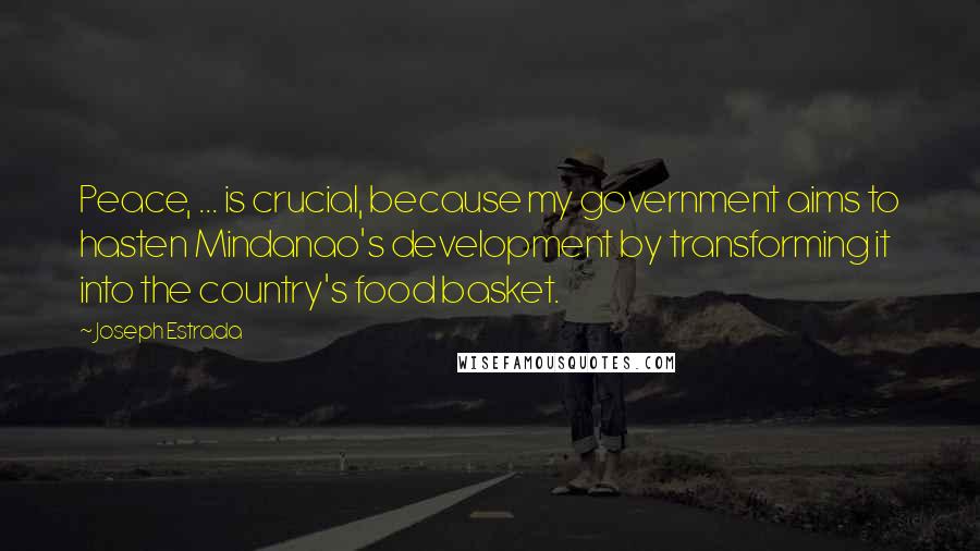 Joseph Estrada Quotes: Peace, ... is crucial, because my government aims to hasten Mindanao's development by transforming it into the country's food basket.