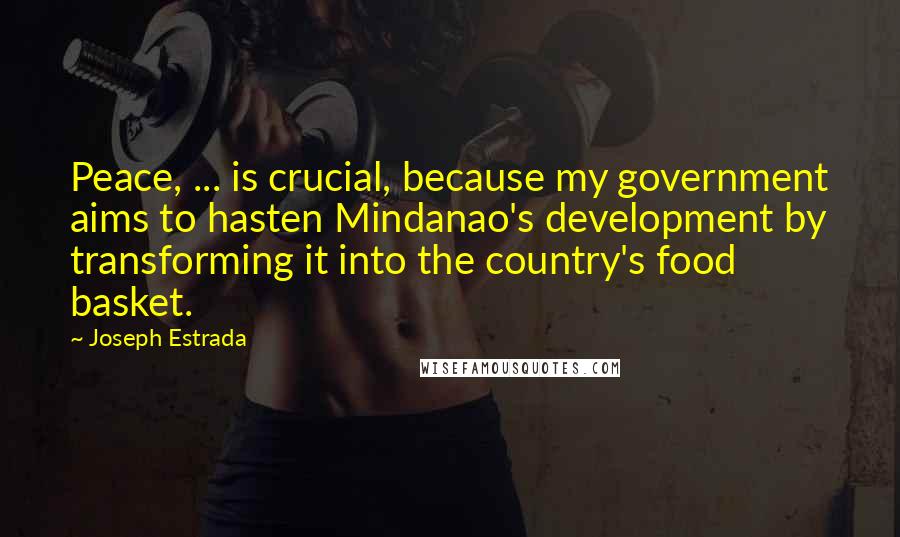 Joseph Estrada Quotes: Peace, ... is crucial, because my government aims to hasten Mindanao's development by transforming it into the country's food basket.