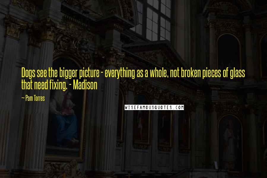 Pam Torres Quotes: Dogs see the bigger picture - everything as a whole, not broken pieces of glass that need fixing. - Madison