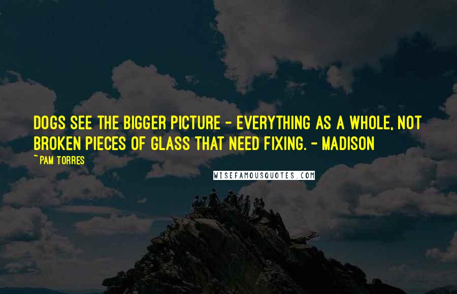 Pam Torres Quotes: Dogs see the bigger picture - everything as a whole, not broken pieces of glass that need fixing. - Madison