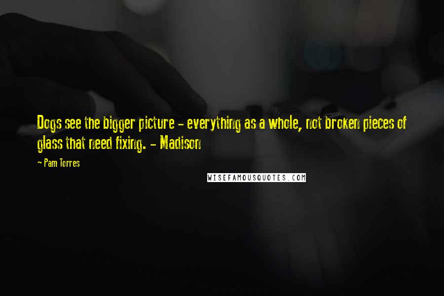 Pam Torres Quotes: Dogs see the bigger picture - everything as a whole, not broken pieces of glass that need fixing. - Madison