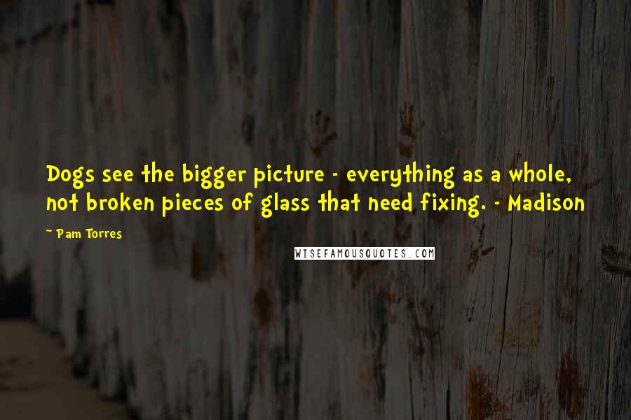 Pam Torres Quotes: Dogs see the bigger picture - everything as a whole, not broken pieces of glass that need fixing. - Madison