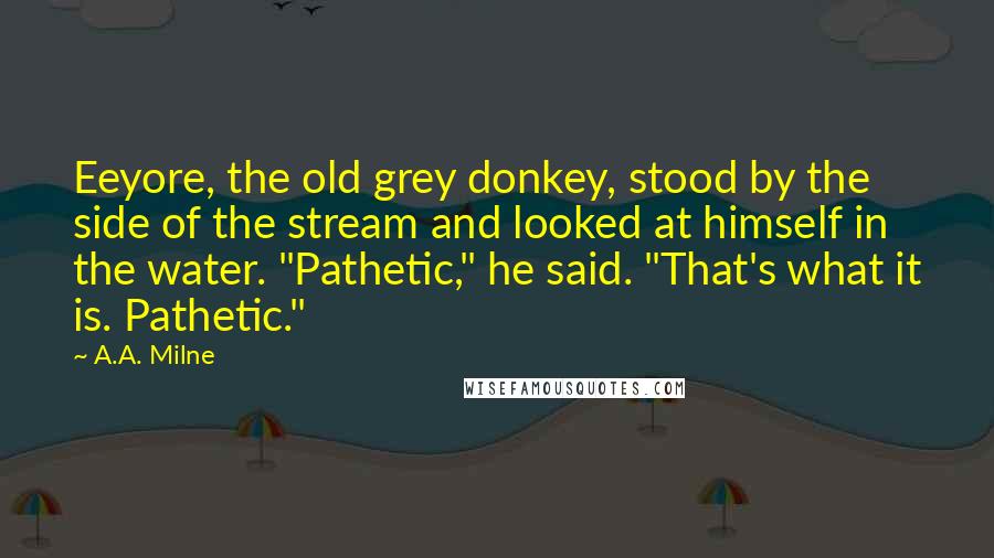 A.A. Milne Quotes: Eeyore, the old grey donkey, stood by the side of the stream and looked at himself in the water. "Pathetic," he said. "That's what it is. Pathetic."