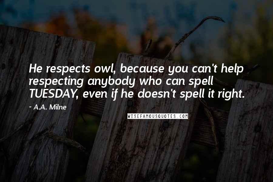 A.A. Milne Quotes: He respects owl, because you can't help respecting anybody who can spell TUESDAY, even if he doesn't spell it right.