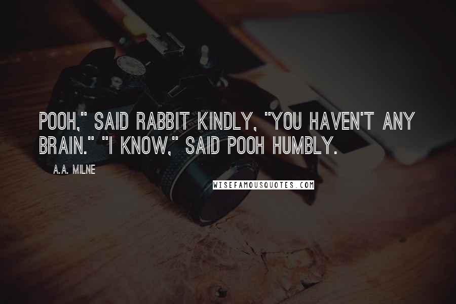 A.A. Milne Quotes: Pooh," said Rabbit kindly, "you haven't any brain." "I know," said Pooh humbly.