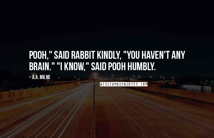 A.A. Milne Quotes: Pooh," said Rabbit kindly, "you haven't any brain." "I know," said Pooh humbly.