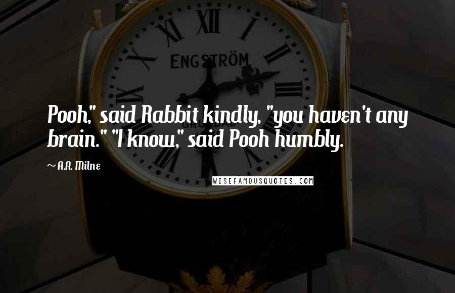 A.A. Milne Quotes: Pooh," said Rabbit kindly, "you haven't any brain." "I know," said Pooh humbly.