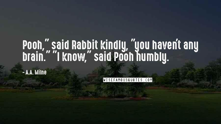 A.A. Milne Quotes: Pooh," said Rabbit kindly, "you haven't any brain." "I know," said Pooh humbly.