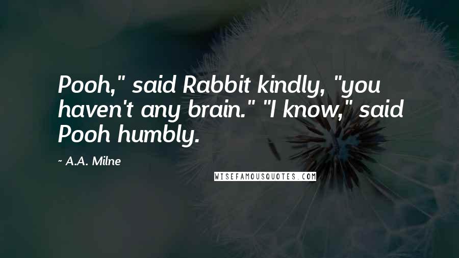 A.A. Milne Quotes: Pooh," said Rabbit kindly, "you haven't any brain." "I know," said Pooh humbly.