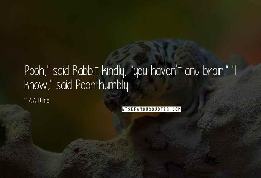 A.A. Milne Quotes: Pooh," said Rabbit kindly, "you haven't any brain." "I know," said Pooh humbly.