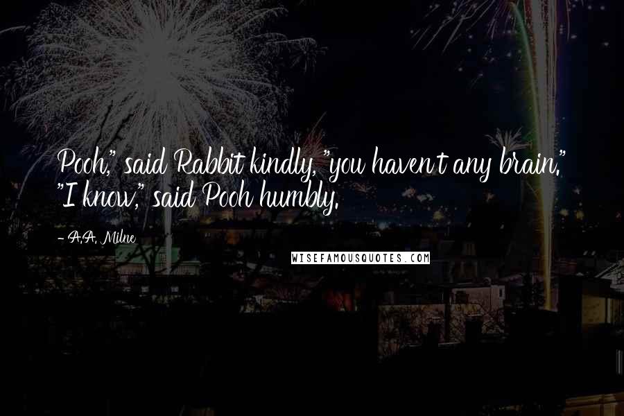 A.A. Milne Quotes: Pooh," said Rabbit kindly, "you haven't any brain." "I know," said Pooh humbly.