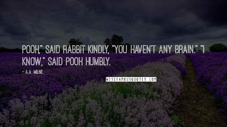 A.A. Milne Quotes: Pooh," said Rabbit kindly, "you haven't any brain." "I know," said Pooh humbly.