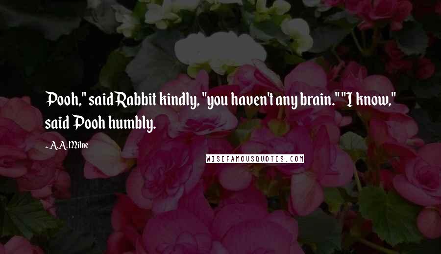 A.A. Milne Quotes: Pooh," said Rabbit kindly, "you haven't any brain." "I know," said Pooh humbly.