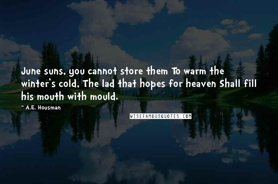 A.E. Housman Quotes: June suns, you cannot store them To warm the winter's cold, The lad that hopes for heaven Shall fill his mouth with mould.