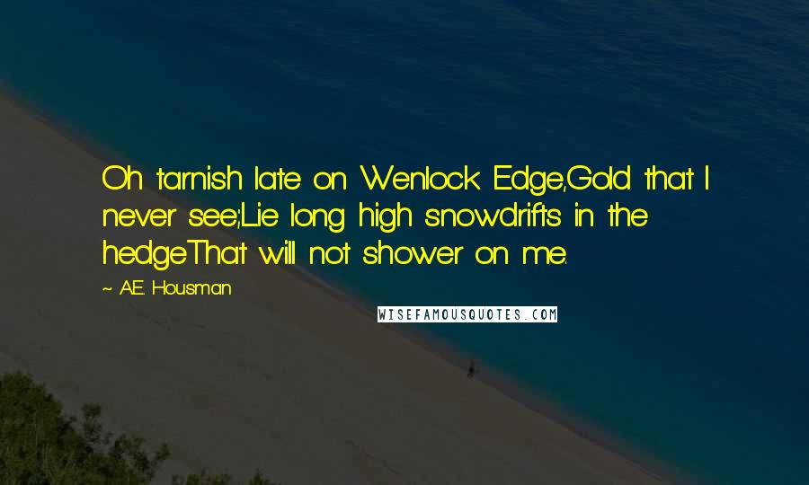 A.E. Housman Quotes: Oh tarnish late on Wenlock Edge,Gold that I never see;Lie long high snowdrifts in the hedgeThat will not shower on me.