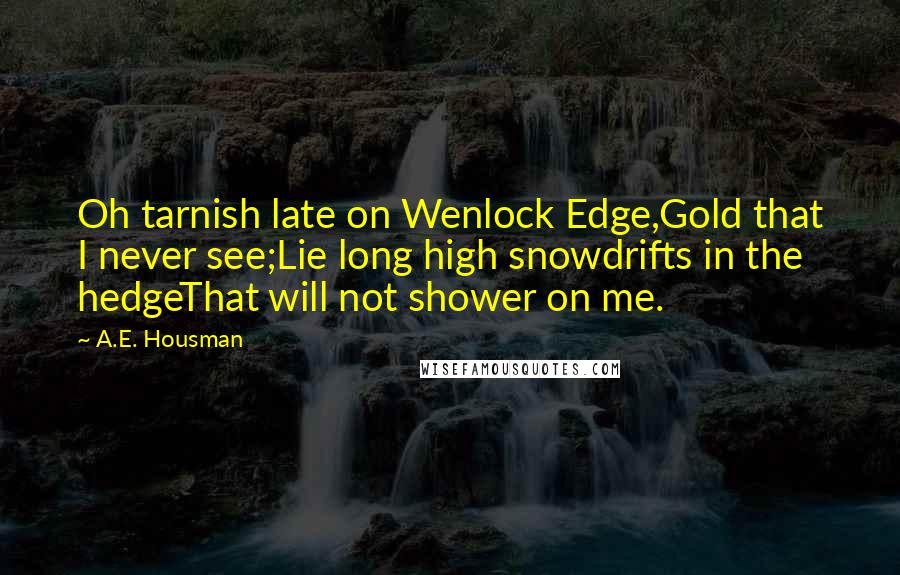 A.E. Housman Quotes: Oh tarnish late on Wenlock Edge,Gold that I never see;Lie long high snowdrifts in the hedgeThat will not shower on me.