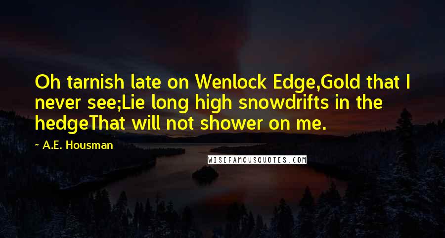 A.E. Housman Quotes: Oh tarnish late on Wenlock Edge,Gold that I never see;Lie long high snowdrifts in the hedgeThat will not shower on me.