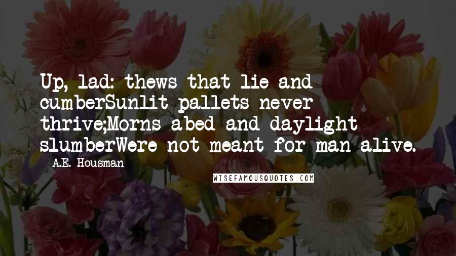 A.E. Housman Quotes: Up, lad: thews that lie and cumberSunlit pallets never thrive;Morns abed and daylight slumberWere not meant for man alive.