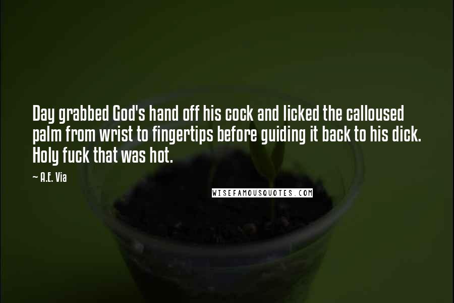 A.E. Via Quotes: Day grabbed God's hand off his cock and licked the calloused palm from wrist to fingertips before guiding it back to his dick. Holy fuck that was hot.