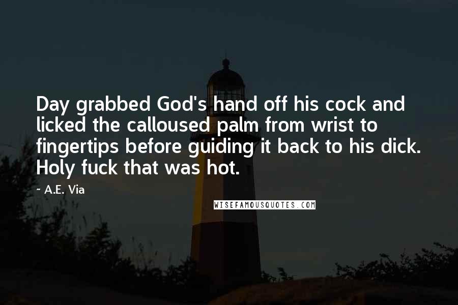 A.E. Via Quotes: Day grabbed God's hand off his cock and licked the calloused palm from wrist to fingertips before guiding it back to his dick. Holy fuck that was hot.