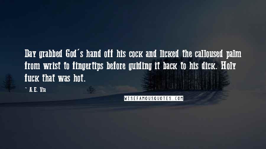 A.E. Via Quotes: Day grabbed God's hand off his cock and licked the calloused palm from wrist to fingertips before guiding it back to his dick. Holy fuck that was hot.