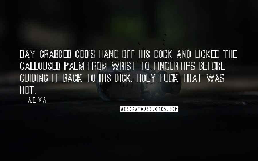 A.E. Via Quotes: Day grabbed God's hand off his cock and licked the calloused palm from wrist to fingertips before guiding it back to his dick. Holy fuck that was hot.