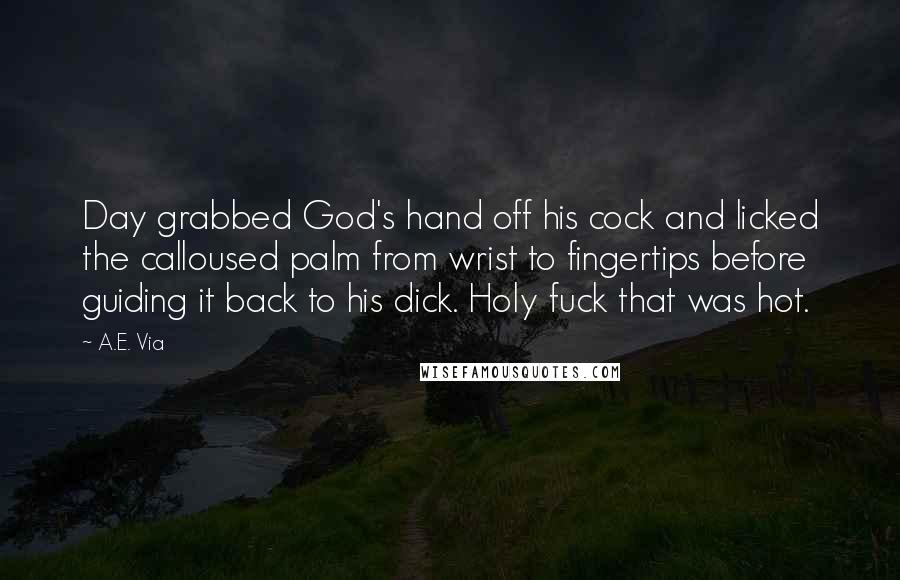 A.E. Via Quotes: Day grabbed God's hand off his cock and licked the calloused palm from wrist to fingertips before guiding it back to his dick. Holy fuck that was hot.