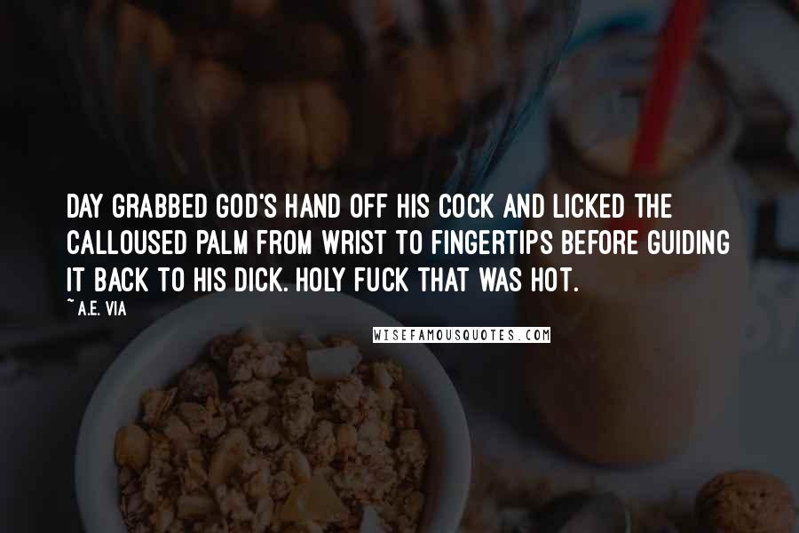 A.E. Via Quotes: Day grabbed God's hand off his cock and licked the calloused palm from wrist to fingertips before guiding it back to his dick. Holy fuck that was hot.