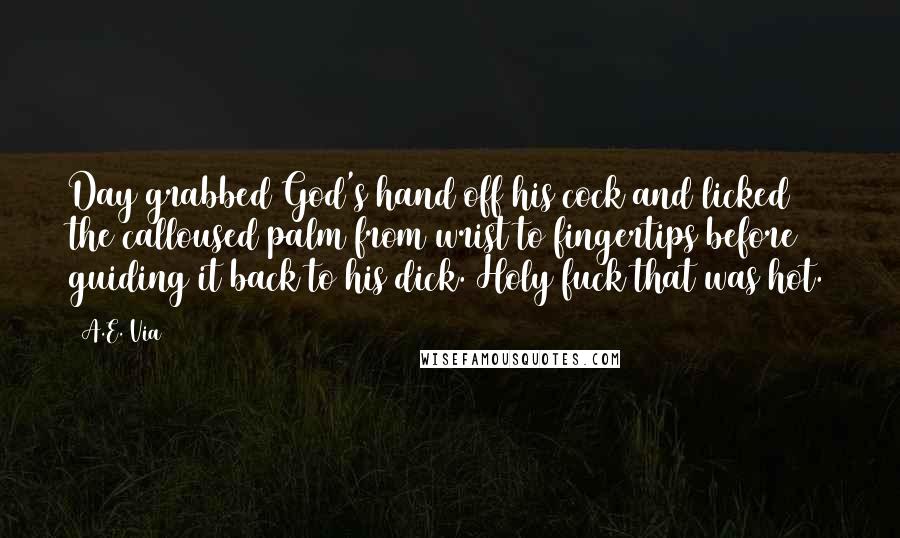 A.E. Via Quotes: Day grabbed God's hand off his cock and licked the calloused palm from wrist to fingertips before guiding it back to his dick. Holy fuck that was hot.