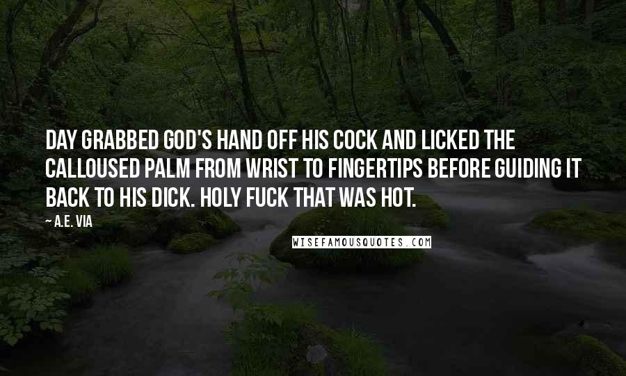 A.E. Via Quotes: Day grabbed God's hand off his cock and licked the calloused palm from wrist to fingertips before guiding it back to his dick. Holy fuck that was hot.