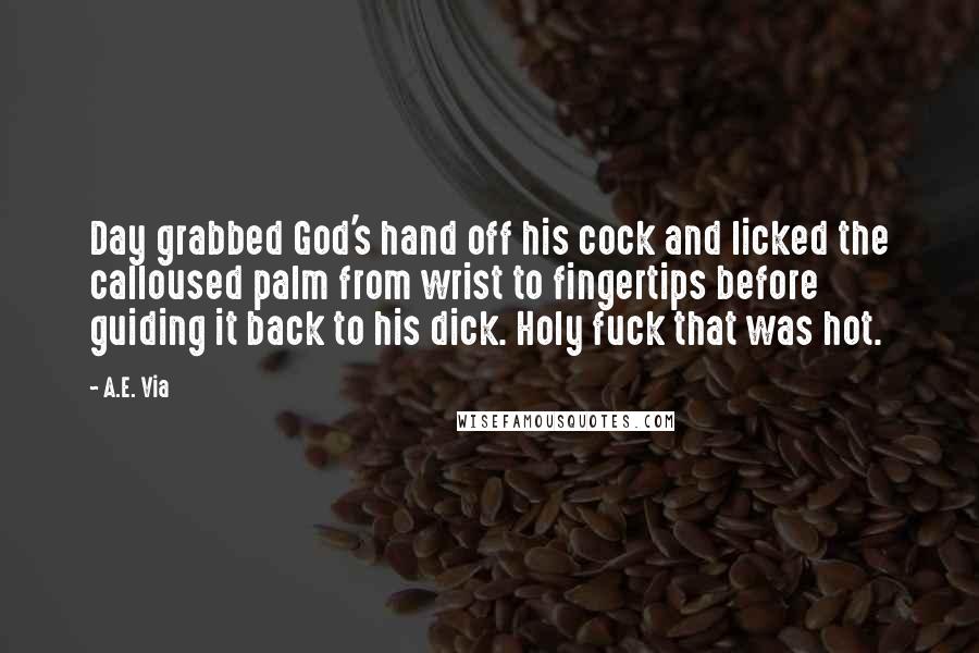 A.E. Via Quotes: Day grabbed God's hand off his cock and licked the calloused palm from wrist to fingertips before guiding it back to his dick. Holy fuck that was hot.