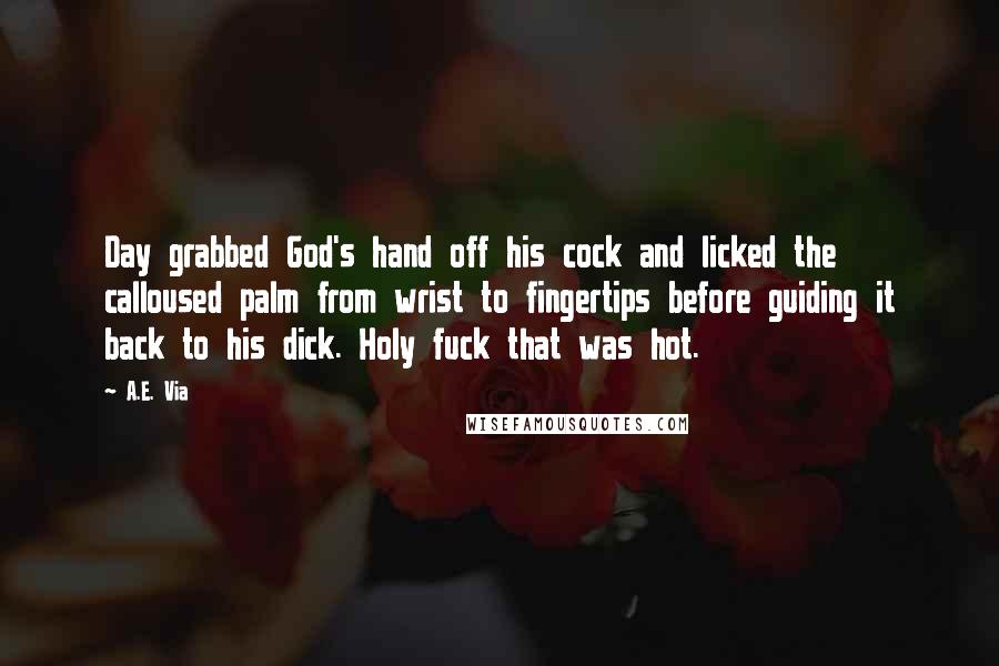 A.E. Via Quotes: Day grabbed God's hand off his cock and licked the calloused palm from wrist to fingertips before guiding it back to his dick. Holy fuck that was hot.