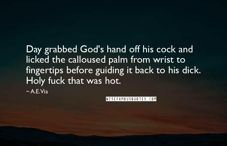 A.E. Via Quotes: Day grabbed God's hand off his cock and licked the calloused palm from wrist to fingertips before guiding it back to his dick. Holy fuck that was hot.