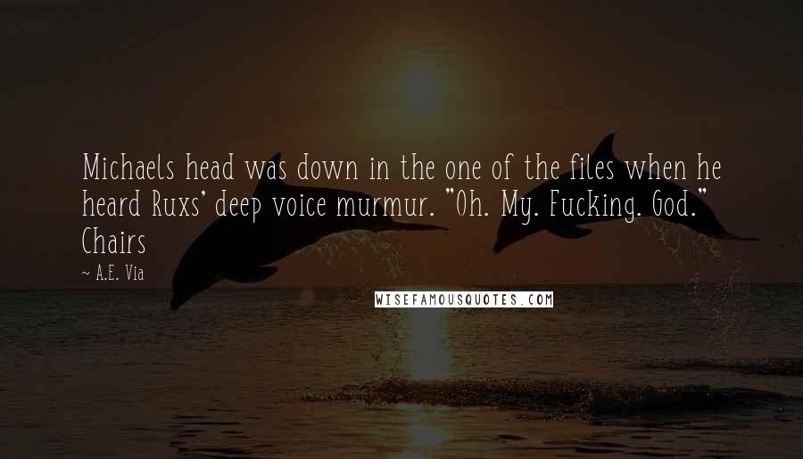 A.E. Via Quotes: Michaels head was down in the one of the files when he heard Ruxs' deep voice murmur. "Oh. My. Fucking. God." Chairs