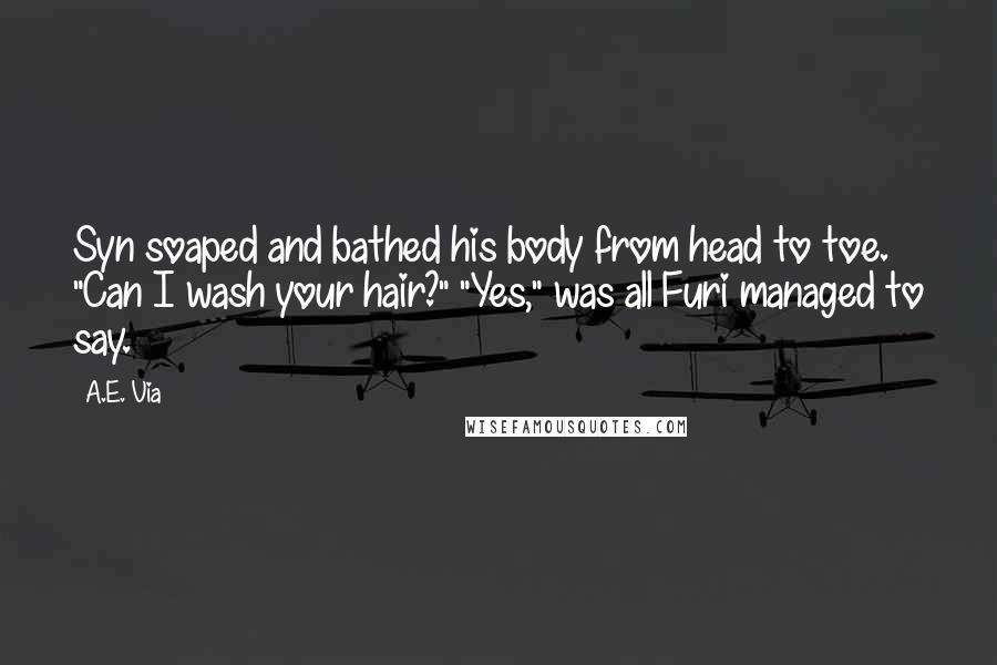 A.E. Via Quotes: Syn soaped and bathed his body from head to toe. "Can I wash your hair?" "Yes," was all Furi managed to say.