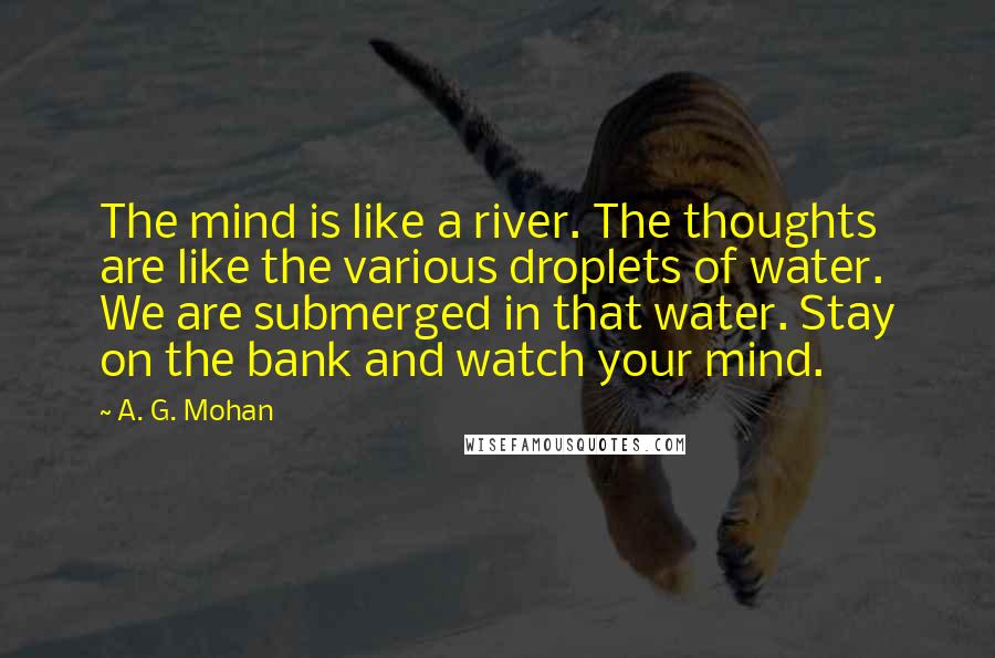 A. G. Mohan Quotes: The mind is like a river. The thoughts are like the various droplets of water. We are submerged in that water. Stay on the bank and watch your mind.