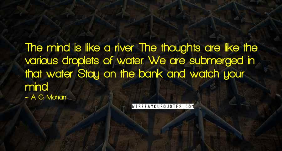 A. G. Mohan Quotes: The mind is like a river. The thoughts are like the various droplets of water. We are submerged in that water. Stay on the bank and watch your mind.