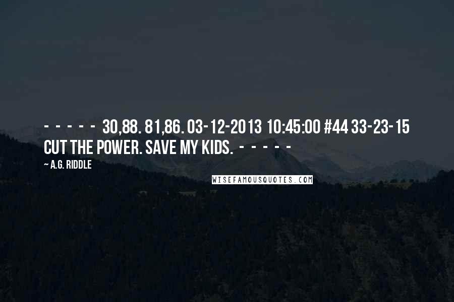 A.G. Riddle Quotes:  -  -  -  -  -  30,88. 81,86. 03-12-2013 10:45:00 #44 33-23-15 Cut the power. Save my kids.  -  -  -  -  - 