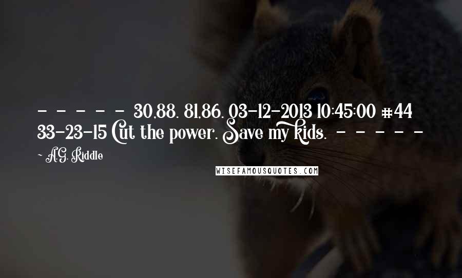 A.G. Riddle Quotes:  -  -  -  -  -  30,88. 81,86. 03-12-2013 10:45:00 #44 33-23-15 Cut the power. Save my kids.  -  -  -  -  - 