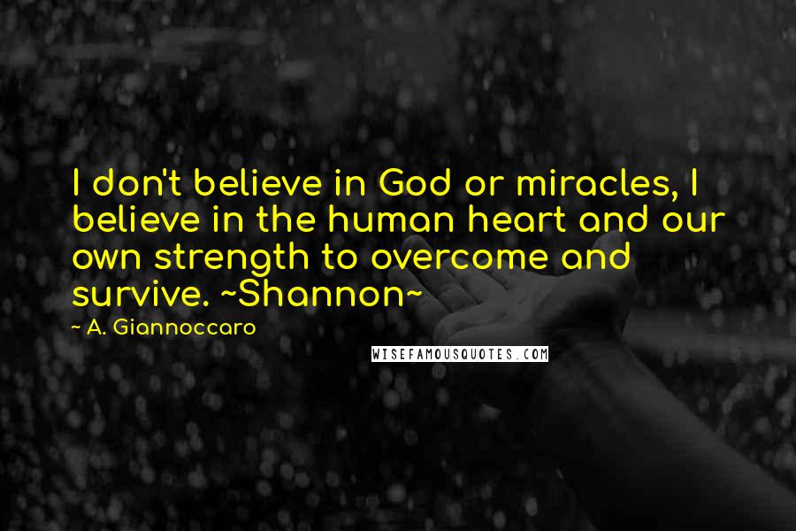 A. Giannoccaro Quotes: I don't believe in God or miracles, I believe in the human heart and our own strength to overcome and survive. ~Shannon~