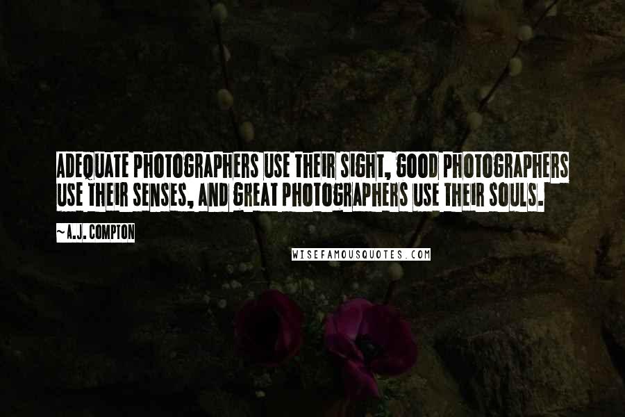 A.J. Compton Quotes: Adequate photographers use their sight, good photographers use their senses, and great photographers use their souls.