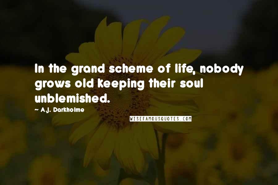 A.J. Darkholme Quotes: In the grand scheme of life, nobody grows old keeping their soul unblemished.