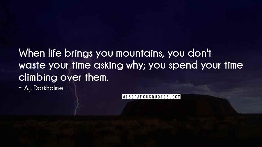 A.J. Darkholme Quotes: When life brings you mountains, you don't waste your time asking why; you spend your time climbing over them.