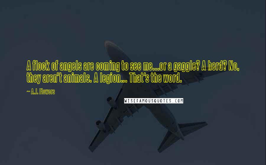 A.J. Flowers Quotes: A flock of angels are coming to see me...or a gaggle? A herd? No, they aren't animals. A legion... That's the word.
