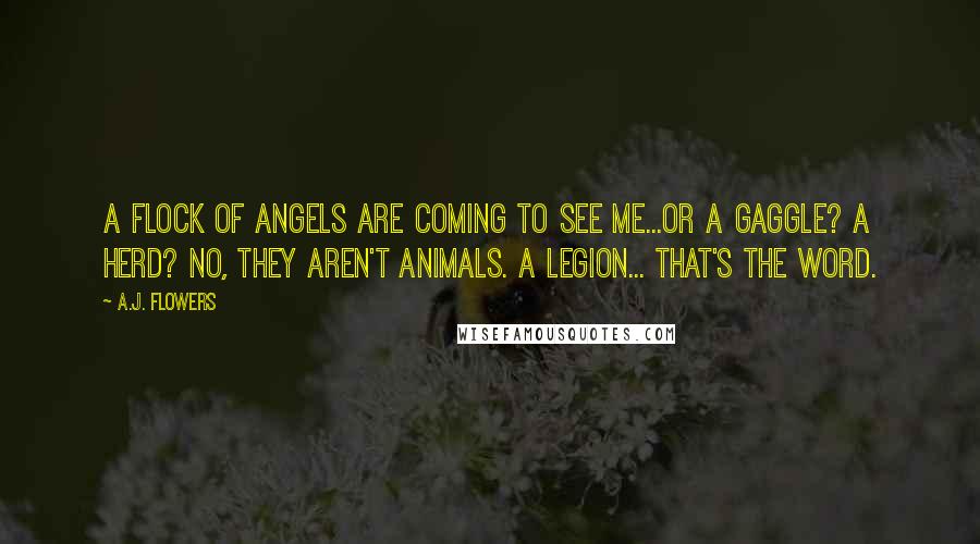 A.J. Flowers Quotes: A flock of angels are coming to see me...or a gaggle? A herd? No, they aren't animals. A legion... That's the word.