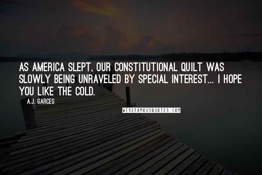 A.J. Garces Quotes: As America slept, our constitutional quilt was slowly being unraveled by special interest... I hope you like the cold.