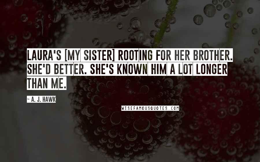 A. J. Hawk Quotes: Laura's [my sister] rooting for her brother. She'd better. She's known him a lot longer than me.