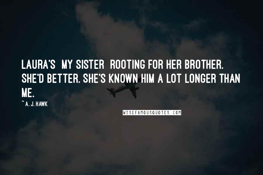 A. J. Hawk Quotes: Laura's [my sister] rooting for her brother. She'd better. She's known him a lot longer than me.