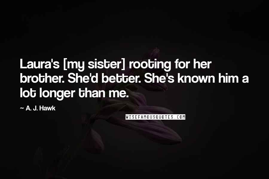 A. J. Hawk Quotes: Laura's [my sister] rooting for her brother. She'd better. She's known him a lot longer than me.